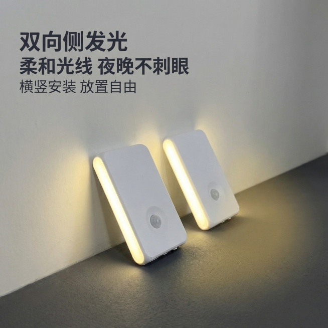 主图3：展示小夜灯双向侧发光细节，两个白色小夜灯斜靠在墙角，都点亮暖黄色侧发光效果，展示光线柔和不刺眼。画面左上角添加文案"双向侧发光"换行"柔和光线 夜晚不刺眼"换行"横竖安装 放置自由"，字体为深预览效果