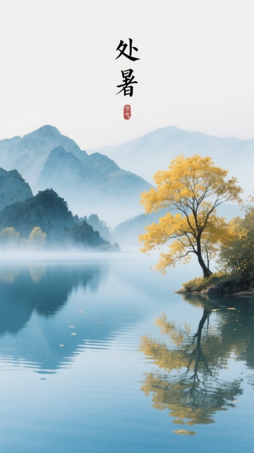 处暑节气主题竖版山水意境海报，宁静山水湖景，右侧金黄树木及水中倒影，远景山峦缭绕薄雾，暑气消散、秋意初显的闲适诗意氛围，清新蓝青为主调，金黄树叶点缀，湖水蓝调、山峦青灰层次分明，竖版构图，右侧突出树与预览效果