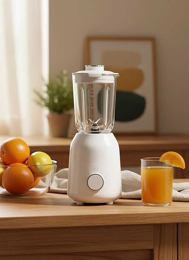 画面中心是主体置于木质台面上，布艺装饰，周围摆放着装有橙子、柠檬等水果的玻璃碗，还有玻璃杯装的饮品，背景有绿植和抽象装饰画，暖木色为主色调，光影柔和