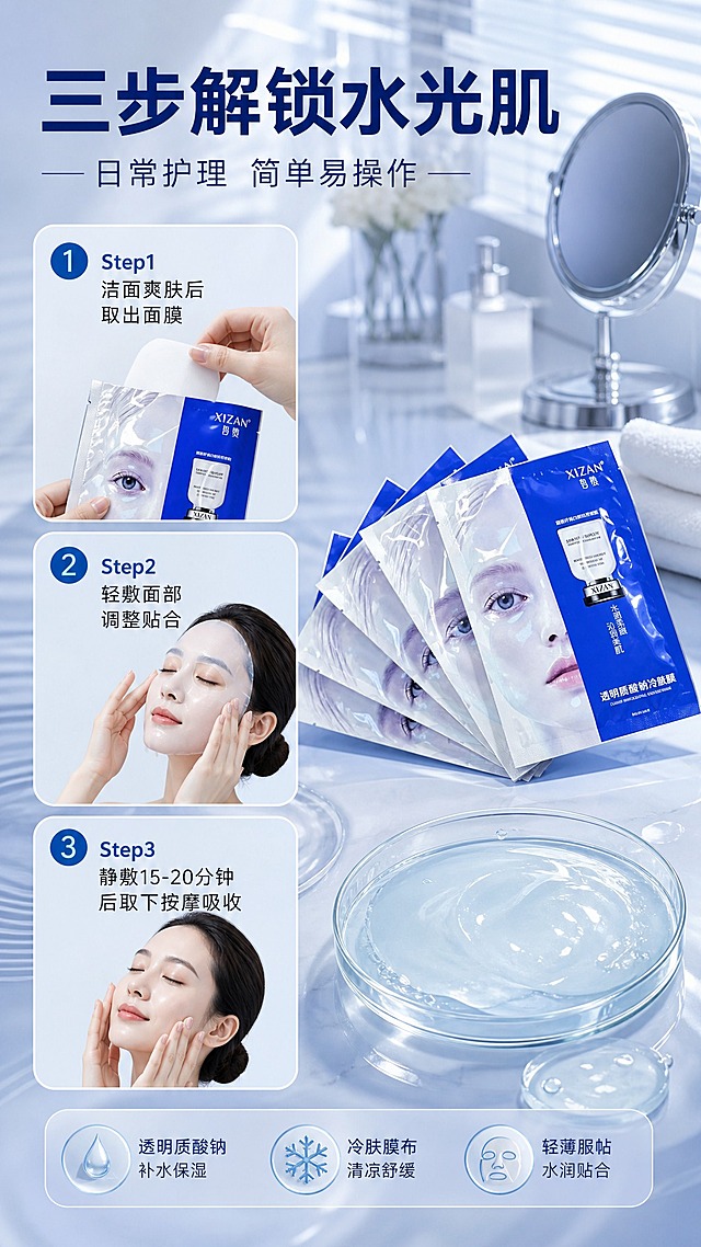 [商品] 使用【图1】皙赞XIZAN透明质酸钠冷肤膜；保留蓝色包装、XIZAN/皙赞Logo、产品外观和文字；展示撕开包装、取出面膜的使用过程，不改变产品原貌。
[画面] 目标：使用场景/步骤页，展示使用方法与日常护理场景，增强代入感。构图：3步使用步骤纵向排列，每步配小图+文字说明；步骤1：洁面后取出面膜；步骤2：展开敷于面部，轻压贴合；步骤3：静敷15-20分钟后取下按摩吸收；画面右侧/底部有产品包装和面膜精华液质地特写；背景为浴室梳妆台场景，柔和蓝调自然光，有毛巾、化妆镜等道具营造生活氛围。
[视觉] 套系策略：风格=高级水光感蓝白科技美妆商业摄影；标题字=现代无衬线粗体，字重饱满；正文字=简洁无衬线体，清晰易读；主色=深海蓝+冰透白；背景延展=基于蓝白做深浅渐变、水光质感、透明水滴和波纹层次；强调色=冰蓝色高光，仅用于小面积图标、引线、标签和水光点缀；标题色=深海蓝/白色；正文色=深灰蓝/中灰蓝；组件=圆角半透明信息卡、细线引线、圆形数字编号；光影=左前侧柔光+右侧水光轮廓光，整体清透冷调。
[文字] 主标题"三步解锁水光肌"，副标题"日常护理 简单易操作"；3步编号说明："Step1 洁面爽肤后取出面膜"、"Step2 轻敷面部 调整贴合"、"Step3 静敷15分钟 按摩吸收"；文字与步骤图对应排列，横向排版，字号保证手机端清晰可读。
[规格] 图片比例9:16竖版，4K，负向提示：避免变形、错字、文字过小、步骤混乱、产品颜色改变、医疗功效表述、极限词。