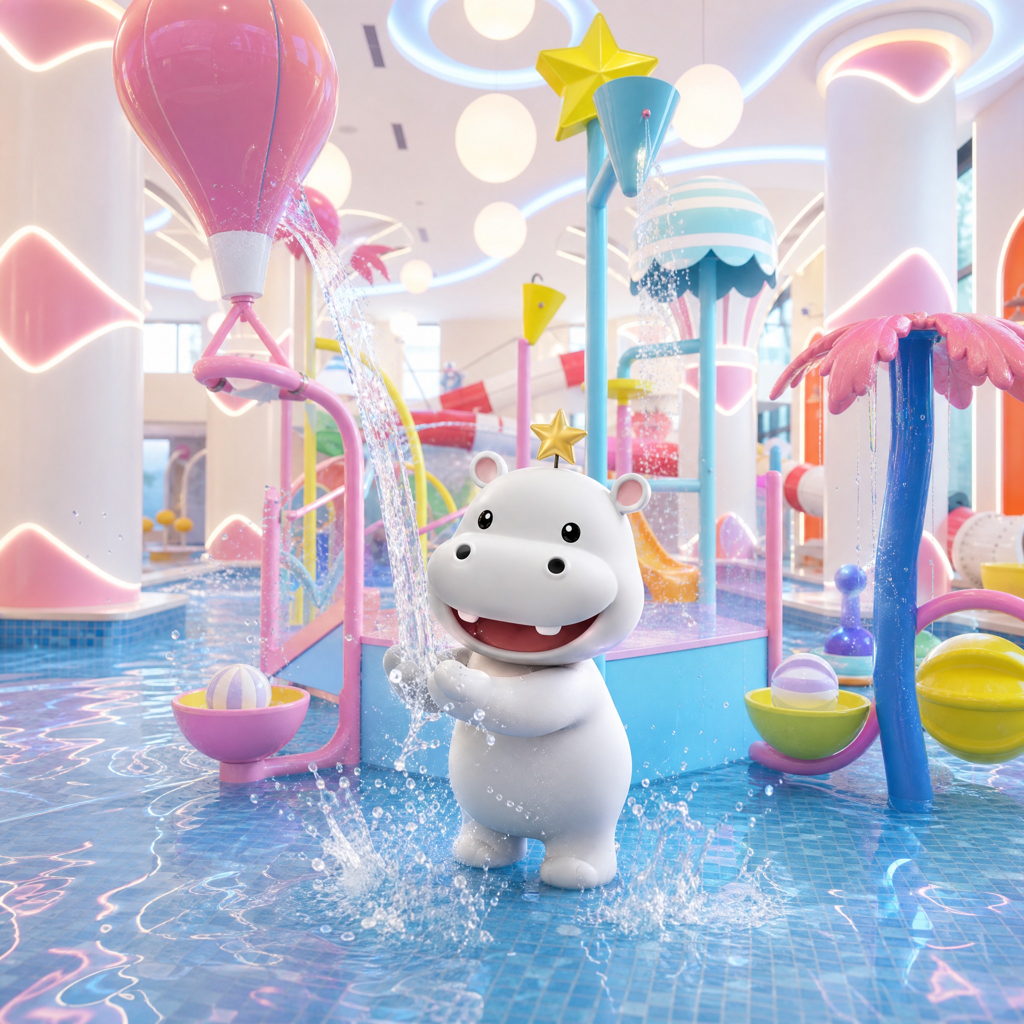 将灰白色河马IP做成幼态版，生成一张 1:1 方形幼儿独自游玩… - 图片创意预览