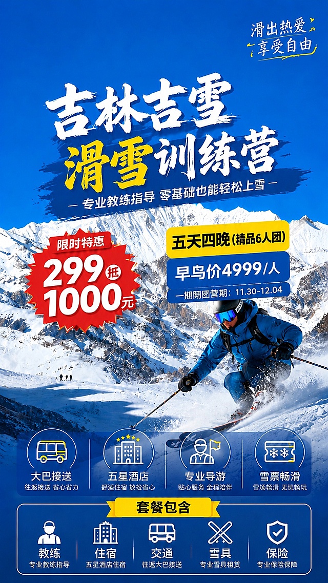 在这张滑雪训练营海报基础上修改右侧优惠标签区域的文字内容：

1. 将「三天两晚」改为「五天四晚」，并在后面加上括号内容「（精品6人团）」，即完整为「五天四晚（精品6人团）」
2. 将「早鸟价3980起」改为「早鸟价4999/人」
3. 在「早鸟价4999/人」下方新增一行小字：「一期开团营期：11.30-12.04」
4. 其他所有内容保持不变：雪山背景、主标题吉林吉雪滑雪训练营（白+黄书法字体+蓝色笔刷撕裂底纹）、小字标语专业教练指导零基础也能轻松上雪、右上角滑出热爱享受自由、左侧红标299抵1000元、底部功能栏大巴接送五星酒店导游雪票畅滑、套餐包含图标清单（教练住宿交通雪具保险）、整体版式布局
5. 画面中所有数字必须精确渲染，不得错位、遗漏或编造
6. 文字清晰可读，版式精美协调