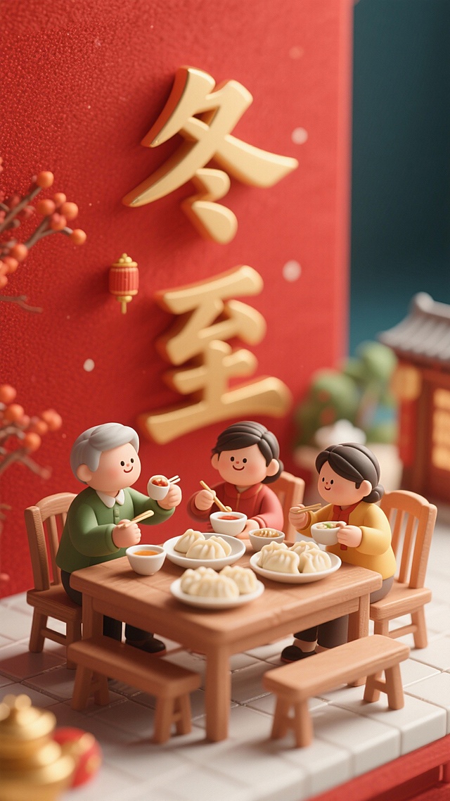 软3D粘土风微缩场景，温馨家庭围坐吃饺子，红金配色营造冬至喜庆氛围，卡通人物传递节日温情。