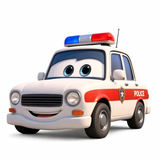 保留这辆卡通警车，将背景换成纯白色底，去除原有背景中的警察局建筑和街道预览效果