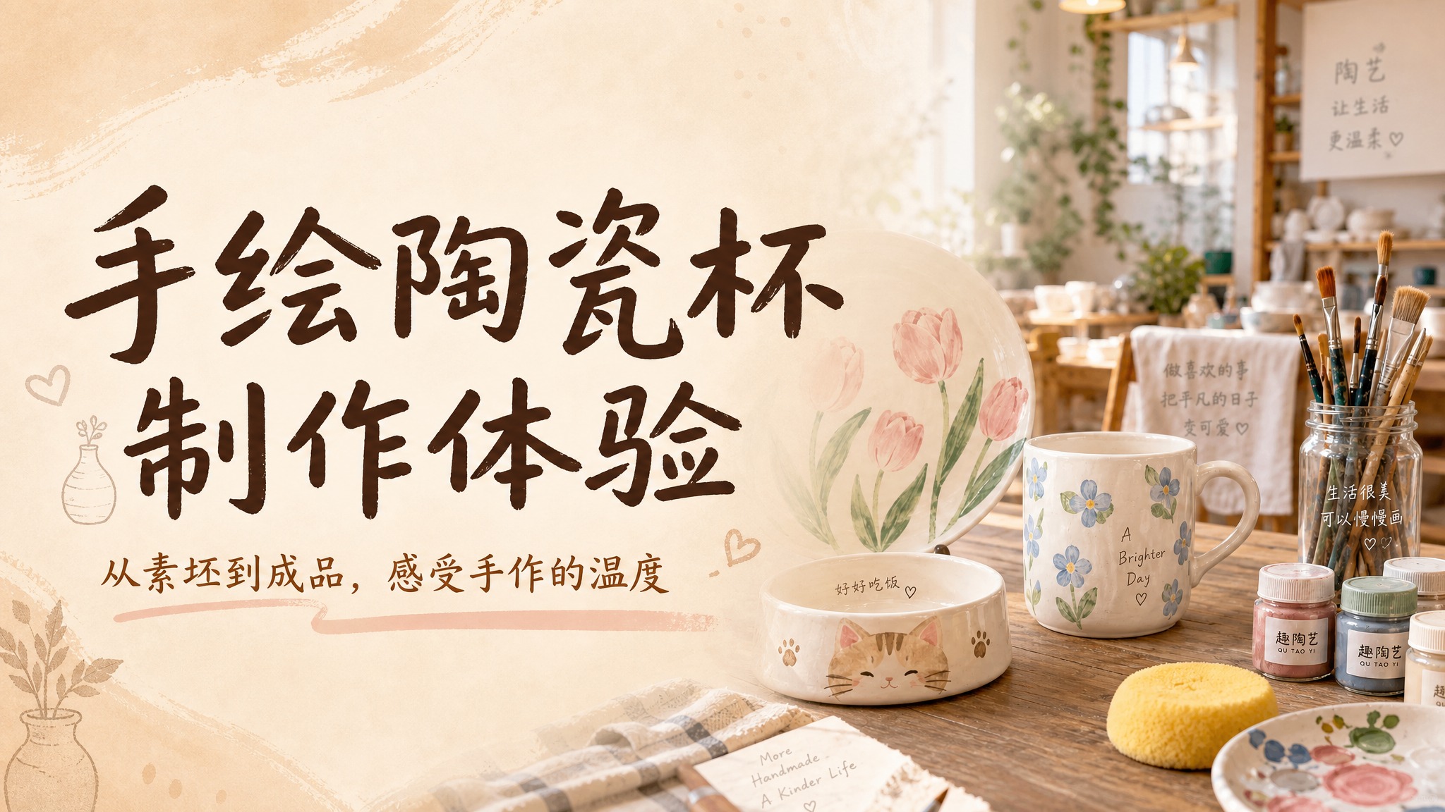 16:9横版PPT首页设计，手绘陶瓷杯制作体验课程封面。画面右… - 图片创意预览
