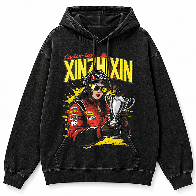 亚马逊主图1，纯白背景正面平铺展示黑色复古赛车女孩印花连帽卫衣。产品完整正面展示，占画面85%以上，无任何文字、道具、水印。卫衣为水洗做旧黑色，正面印有醒目的黄色XINZHIXIN大字和红色赛车女孩手持奖杯的复古漫画风格印花，印花色彩鲜艳层次分明。连帽结构清晰，抽绳自然，袋鼠口袋轮廓分明，罗纹袖口和下摆纹理清晰可见。面料呈现柔软棉质混纺质感，表面有细微水洗做旧纹理。超高清8K锐利对焦，无噪点干净画面，极致细节表现，每一根织物纤维都清晰可见。柔和均匀的顶部主光，底部轻微阴影增加立体感，边缘干净无白边残留。产品比例准确，无变形扭曲。