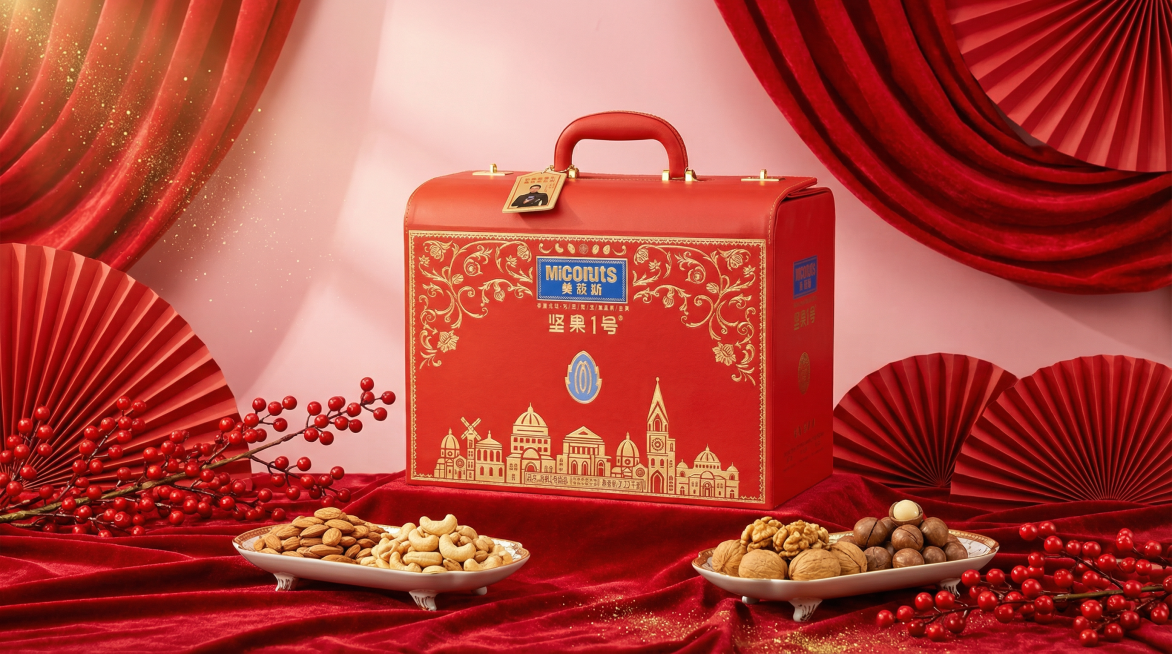 礼盒展示图
 
核心提示词：商业产品摄影，图中的礼盒置于红色丝绒布上，旁边摆放两盘坚果，背景为浅粉色渐变墙面，装饰红色褶皱布、红色纸扇、金色闪粉和带红色浆果的枝条，整体氛围奢华喜庆，8K超高清，写实风预览效果