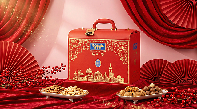 礼盒展示图
 
核心提示词：商业产品摄影，图中的礼盒置于红色丝绒布上，旁边摆放两盘坚果，背景为浅粉色渐变墙面，装饰红色褶皱布、红色纸扇、金色闪粉和带红色浆果的枝条，整体氛围奢华喜庆，8K超高清，写实风格。「图片1」