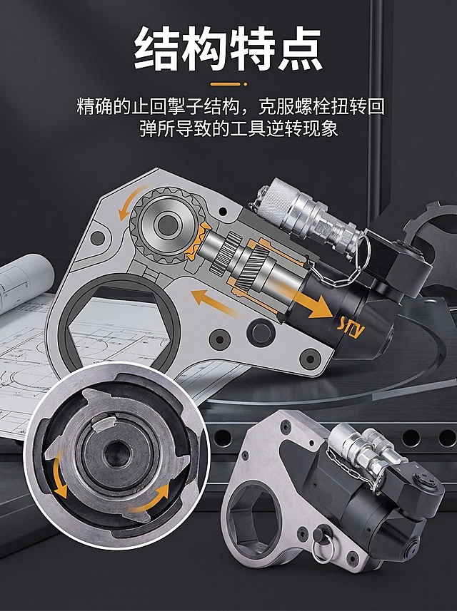 工业电商产品详情页介绍页，主题是结构特点，搭配文字："精确的止回掣子结构，克服螺栓扭转回弹所导致的工具逆转现象"，专业工业风设计，搭配扳手产品局部细节展示
