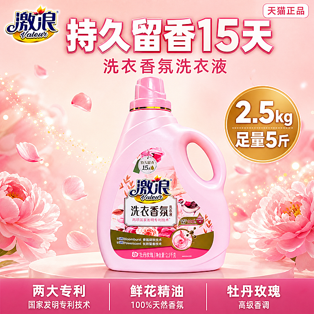 [单张主图] 激浪洗衣香氛洗衣液（牡丹玫瑰 2.5kg）爆款促销感主图，目标是3秒内传达产品品类、大容量卖点与持久留香核心优势，提升点击与转化。

[画面主体] 产品为粉色瓶装激浪洗衣香氛洗衣液，正面朝向观众，瓶身标签完整清晰可见，品牌Logo「激浪 Valeur」、产品名「洗衣香氛 洗衣液」、「持久留香15天」标识、「两项国家发明专利技术」、「牡丹玫瑰 净含量:2.5千克」等文字全部保留且清晰可读。保持产品外观（即物理结构、材质质感、粉色瓶身颜色、标签设计、瓶盖造型、提手形状）与输入产品图绝对一致，杜绝任何变形和色差，精细化处理。产品主体居中偏右，占画面约55%，瓶身完整不裁切。

[构图版式] 采用「顶部大标题型」爆款版式，标准三段结构：顶部约28%区域放品牌位和超大主标题；中部约55%区域放产品主体，搭配玫瑰花瓣与香氛粒子氛围元素；底部约17%区域放通栏信息条，承接规格容量与核心卖点。信息层级：主标题 > 核心数字 > 产品主体 > 底部卖点条。

[场景元素] 背景为柔和的粉色渐变，从浅粉到米白过渡，干净通透；产品底部有圆形柔光台面承托，产生自然投影；产品周围飘散着粉色牡丹玫瑰花瓣和细小的金色香氛粒子光点，营造留香氛围；左上角放置从产品提取的「激浪」品牌Logo，字形颜色与产品一致；右侧中部有一个金色圆形徽章，突出核心卖点。背景简洁不杂乱，所有装饰元素不遮挡瓶身主体标签。

[文案版式] 所有文字清晰可读，无错字乱码。
- 左上角：「激浪」品牌Logo，金色+深蓝色，与产品标签一致
- 顶部居中主标题（超大粗黑体）：「持久留香15天」，白色字带粉色渐变描边，字号最大，是第一视觉层级
- 主标题下方副文案：「洗衣香氛洗衣液」，深粉色中号字
- 右侧金色圆形徽章内（两行）：「2.5kg」「足量5斤」，白色粗体，数字超大醒目
- 底部通栏粉色渐变信息条，内部分三列白色文字，每列上大字下小字：
  第一列：「两大专利」「国家发明专利技术」
  第二列：「鲜花精油」「100%天然香氛」
  第三列：「牡丹玫瑰」「高级香调」
- 右上角小标签：「天猫正品」，白底粉字圆角小标签

[光影质感] 主光从左上方45度斜射，柔和均匀，瓶身有自然高光带，体现塑料瓶身的光滑质感；右侧有辅光提亮暗部，瓶底有柔和的接触阴影；整体光线明亮通透，商业摄影质感，产品清晰锐利，景深适中，背景轻微虚化突出主体。

[配色字体] 主色调为柔粉色（取自产品瓶身），辅助色为金色（取自瓶盖金边和标签金色元素），强调色为白色和深粉色；字体以粗黑体为主，主标题字重最大，辅助文案字重适中，底部信息条文字清晰易读，整体配色统一和谐，符合洗护产品洁净温馨的调性。

[比例分辨率] 1:1正方形比例，2K超高清分辨率，文字清晰锐利可辨，商业电商主图品质。

[负向提示词] 产品变形，瓶身扭曲，标签文字错乱模糊，Logo变形，颜色偏差，背景杂乱，水印，电商平台Logo，多余的手或人物，低清晰度，噪点，产品边缘硬切，悬浮感，廉价感。