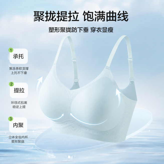 参考图1的清新浅蓝电商海报风格，将产品替换为图2的浅蓝色内衣，保留文案'聚拢提拉 饱满曲线 塑形聚拢防下垂 穿衣显瘦'以及承托、提拉、内聚三点卖点介绍，整体版式和参考图一致预览效果