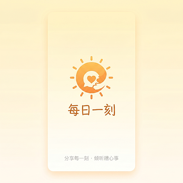 Mobile app splash screen for 'Daily Moment', centered warm orange sun hugging a heart-shaped speech bubble, below the icon is the text "每日一刻" in a friendly handwritten sans-serif font, soft gradient background from pale yellow to creamy white, small light gray tagline "分享每一刻 · 倾听糟心事" at the bottom, minimalist warm flat illustration style, no complex details, centered composition, 2732x2732 pixels