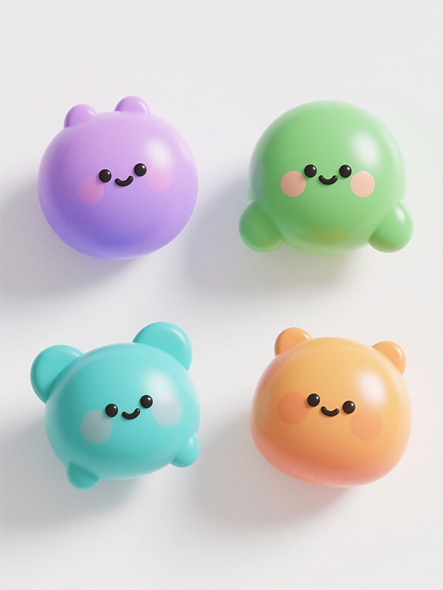 一组4个具有3D材质的可爱元素，每个元素拥有不同的配色和独特样式，整体呈现干净简约的风格，设计符合现实逻辑，适合作为素材使用。元素造型圆润可爱，表面有细腻的光泽感和轻微的立体阴影，色彩鲜明且和谐，背景为纯白色，突出元素主体，具有清晰的视觉层次。