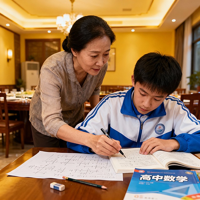 高中家长在辅导15岁的学生高中数学作业，孩子穿着校服，母子或母女，中国人面孔。帮我生成20张