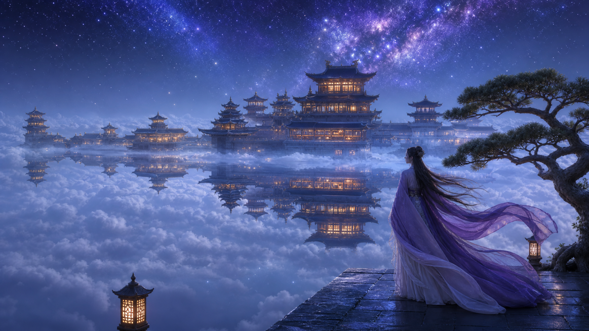 构图为横屏16:9宽幅平视构图，镜面对称倒影结构，上下双层悬浮天宫，人物置于画面右下视觉点。人物是侧身古风女子，浅白内衬外罩深紫大飘袖拖尾汉服，长发向后飞扬，衣袂被晚风舒展，身姿轻盈雅致，站在平整青石预览效果