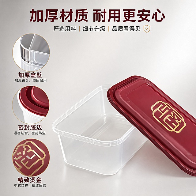 [主图-3] 轻奢红盖透明保鲜收纳盒材质细节图，主题为材质微距特写 + 透明通透质感，展示品质与耐用性。
[统一基调] 淘宝/天猫专业品质风格，整体暖白浅灰家居色调，背景主色为暖白色，标题字色为深酒红色，辅助字色为深灰色，强调色为金色；字体为现代无衬线粗体，字号层级分明，卡片样式为极简圆角细线框，图标为线性简约风。
[画面] 产品外观与输入图完全一致。画面采用局部特写视角，聚焦收纳盒的三个关键细节：1. 左下角放大展示加厚透明盒壁的切面，体现厚实耐用；2. 中间展示盒盖密封胶边细节，体现密封防尘；3. 右上角展示金色中式纹样Logo的精致烫印质感。背景为纯净浅灰色渐变，突出材质细节。主产品完整形态在画面右侧占约40%，左侧为三个细节放大圆窗，每个圆窗下方配简短说明。
[光影质感] 商业产品摄影质感，侧逆光打亮透明盒身边缘，体现通透感；红盖表面有细腻光泽，金色Logo有金属质感，整体高级精致。
[配色] 浅灰渐变背景 + 酒红 + 金色 + 透明质感，突出材质。
[文字版式] 画面顶部主标题「加厚材质 耐用更安心」，三个细节圆窗分别标注：加厚盒壁 密封胶边 精致烫金。文字简洁，不遮挡细节展示。
[输出要求] 1:1正方形，2048px，材质细节清晰，产品不变形，无错字，无水印，无平台Logo。