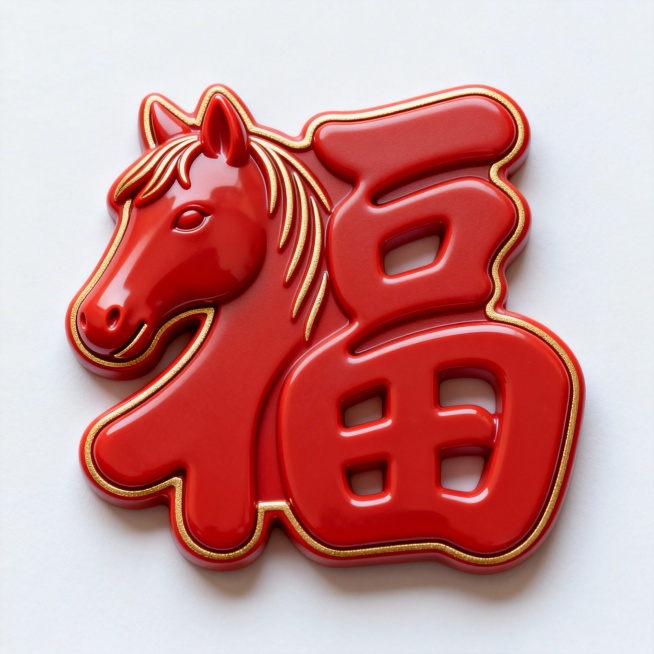 3D 树脂冰箱贴，不规则 “福” 字核心造型（核心设计：左侧 “衣字旁” 完全替换为写意马头轮廓，马耳竖立、线条流畅，鼻线与 “福” 字右半部分 “畐” 无缝衔接，马鬃毛以自然曲线延伸为衣字旁撇捺笔画预览效果
