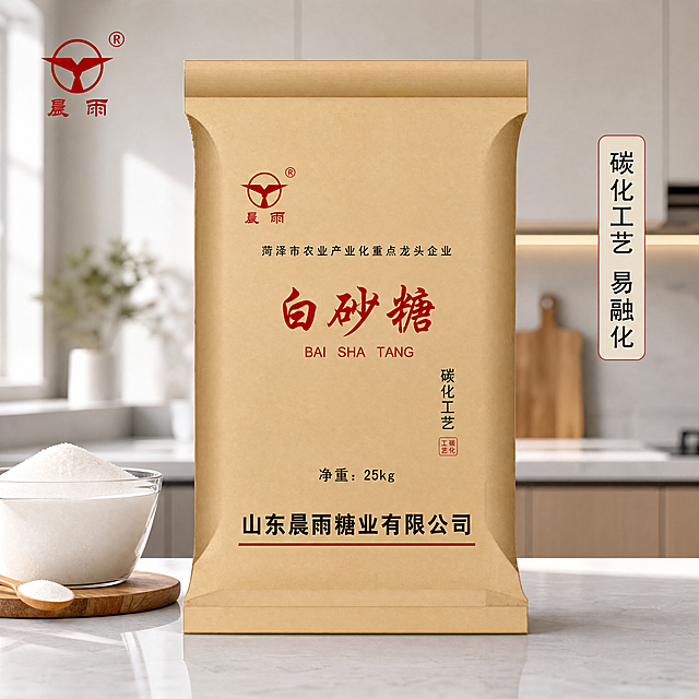 [主图-1] 晨雨白砂糖25kg大包装电商首图，室内干净温馨厨房场景；
[氛围风格] 专业品质感，突出食品新鲜干净；
[画质] 商业摄影质感、光线柔和通透、产品清晰真实、画面干净高级。
[元素] 25kg晨雨白砂糖牛皮纸包装袋居中展示，产品完整不裁切，保持产品外观（物理结构、材质质感、颜色）与输入产品图绝对一致，杜绝任何变形和色差，精细化处理。左上角保留原品牌"晨雨"红色logo，不遮挡主体。商品主体占比约70%。背景是简约浅灰色石英石厨房台面，少量干净自然光。画面满屏无边框。
[光影] 自然柔和室内顶光为主，辅以侧面补光，明暗清晰通透，高光不溢，暗部有层次，无 HDR 廉价感。
[配色] 主色：牛皮纸棕黄，红色品牌标识；辅色：浅灰台面，干净通透。
[视角构图] 平视视角，产品居中，景深适中，轮廓完整不裁切。
[文字版式] 大字主文案"白砂糖"红色书法字体，放置在产品原有位置，保持排版。右侧竖排小字"碳化工艺 易融化"，细黑字体，米白色加细红描边，清晰可读。所有文字不遮挡产品主体，放置在负空间。
[比例分辨率] 1:1 比例，4k 分辨率；文字清晰锐利，画面超高清。
[负向提示词] 变形，水印，文字错乱，产品图模糊，背景杂乱，色差，logo变形