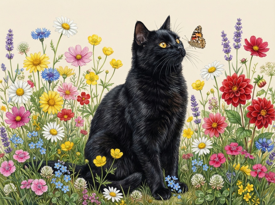 画面中间是一只纯黑色猫，毛发浓密油亮，带有细腻的纹理质感，眼睛是明亮的金黄色，身体坐立在花丛中，在抓一只蝴蝶，胡须清晰分明，整体形象生动且富有生命力。猫咪被一片繁茂的野花花海环绕，包含多种色彩鲜艳的花预览效果