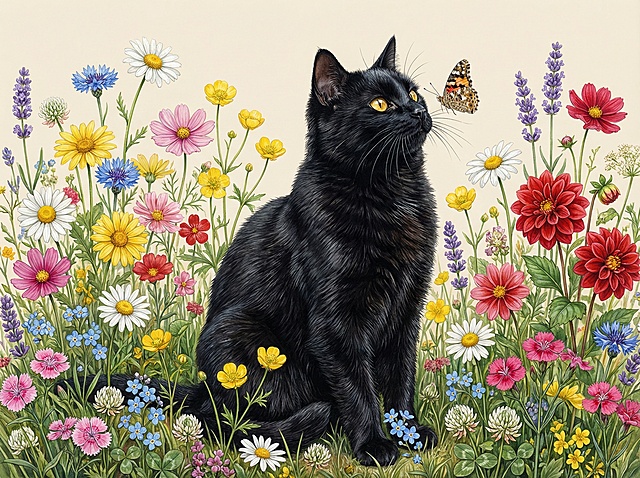 画面中间是一只纯黑色猫，毛发浓密油亮，带有细腻的纹理质感，眼睛是明亮的金黄色，身体坐立在花丛中，在抓一只蝴蝶，胡须清晰分明，整体形象生动且富有生命力。猫咪被一片繁茂的野花花海环绕，包含多种色彩鲜艳的花卉：各色雏菊（白、黄、粉、红、蓝）、红色大丽花、黄色毛茛、紫色薰衣草、蓝色勿忘我、白色三叶草、粉色石竹等。花卉高低错落，层次丰富，叶片与茎干细节清晰，营造出自然野趣的花园氛围。背景是柔和的浅米色。整体为超写实水彩/油画质感，细节丰富，光影逼真，像手绘插画，光泽都被细腻呈现，整体画面层次丰富，高清晰度，高清画质，高分辨率，高度详细的，细节丰富、色彩鲜活，横向场景