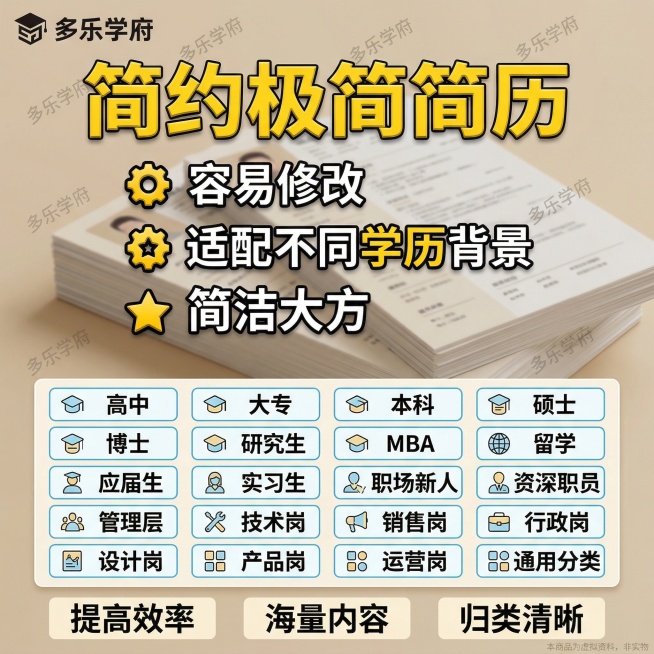 电商主图，比例1:1，商品名称是“简约极简简历”，核心要求：主标题“简约极简简历”在中上位置大字展示，大标题用黄色立体加粗艺术字，主标题下面3个核心卖点，3行带金色图标的核心卖点，第一行：左侧金色齿轮预览效果