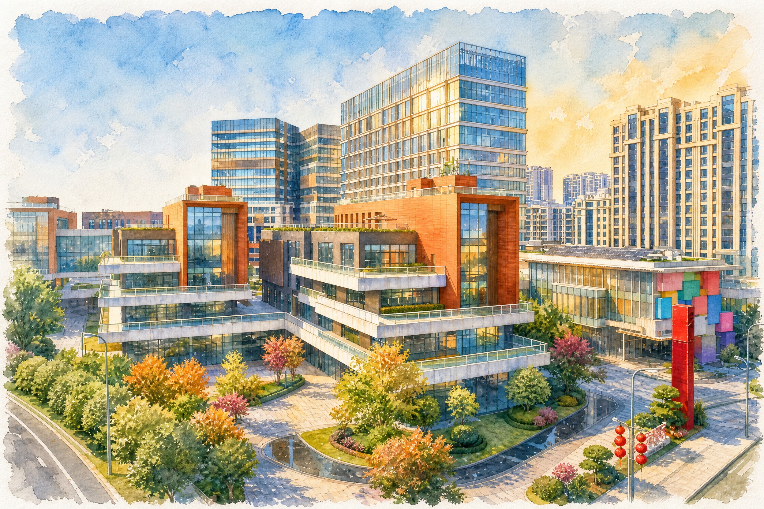 将这张文创园区建筑照片转换为手绘水彩插画风格，水彩质感柔和自然… - 图片创意预览
