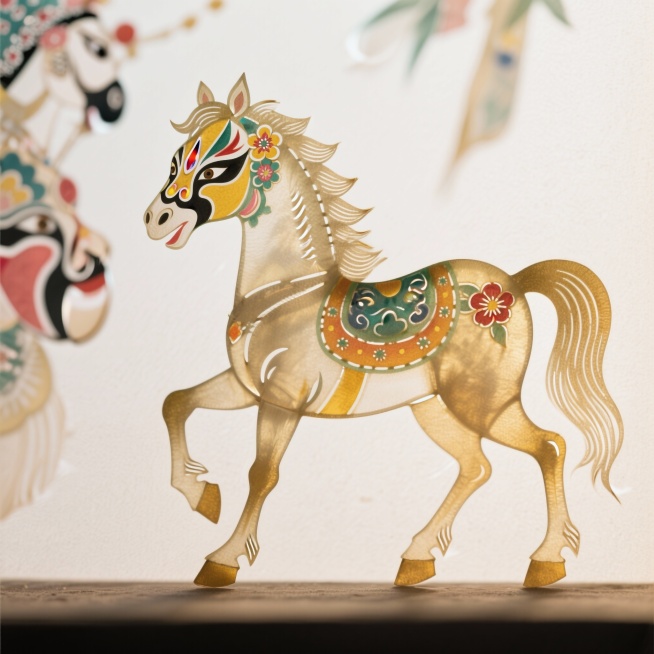 戏曲花脸马
人设：唱京剧的马，脸上画着小花脸，蹄子踩着京剧步，唱到高音时会甩鬃毛预览效果