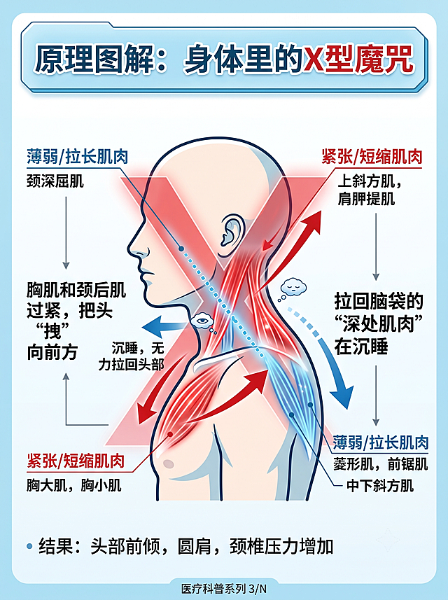 ：侧颜克星！“头部前倾”如何改变？

文案：很多宝子们只关注脸，却忽略了“探颈”（头部前倾）对气质的影响也很大！显矮、显壮、还长富贵包，整个人看起来特别没精神。
-
👩‍⚕️ 科普时间：这可不是简单的习惯不好，医学上这叫「上交叉综合症」
👉 看图1清醒一下：当你低头60度刷手机时，颈椎承受了大约27公斤的压力！相当于脖子上骑了一个8岁小孩！
👉 看图2懂原理：你的身体里有个“X型魔咒”。胸前和颈后的肌肉太紧张，把头硬生生拽到了前面；而负责拉回脑袋的深处肌肉却在“沉睡”。
✅ 保姆级医学矫正思路（跟着练！）：
1️⃣ 别上来就瞎练背。先用“门框拉伸”把缩短的胸肌打开，解除前侧的封印。
2️⃣重中之重！学会“收下巴”。注意不是低头，是水平向后缩，挤出双下巴那种感觉才对！这是为了把藏在脖子深处的那块肌肉叫醒，它是颈椎的稳定器。
3️⃣ 这是很容易被忽视的！看手机请用“ba王龙手”🦖，把手机举到视线平齐。办公把显示器垫高，保持“耳肩一线”！
-
居家搭配凯伦诗 4D 颈魔方 D8 辅助放松，
凯伦诗D8仰卧动态牵引颈椎仪
双擎双轴动态牵引，上下前后四向拉伸
躺着就能帮你把被拉紧的椎间隙慢慢归位
配合6档EMS电脉冲，唤醒沉睡的颈屈肌
再加三档热敷（38℃/41℃/44℃）
15分钟自动定时，舒服到直接睡着💤
-
主动训练+被动变好，效果1+1＞2🔥
每天睡前躺15分钟，坚持一周
你会发现脖子变直了、肩膀打开了、富贵包也小了
拒绝头前倾，找回天鹅颈！跟着这套方法科学练习，气质提升不止一点点！🦢
-仅科普分享，个体差异请遵医嘱。

根据以上内容帮我生成一套5张以文字内容为主的科普内容配图，要求风格保持一致，内容准确排版合理，每张图片主题明晰，最后植入产品（产品外观与参考图保持一致），比例3：4，