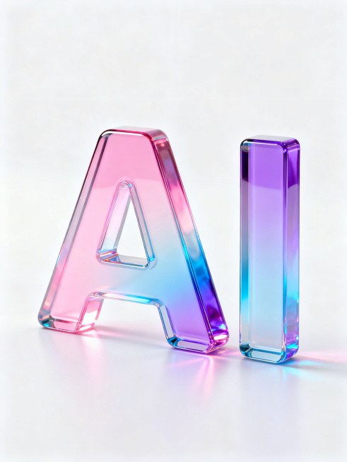 3D渲染的彩虹玻璃质感单词"AI"，直立在白色背景上，柔和的反光效果，散发着柔和的彩色光芒，包含粉色、蓝色、紫色，表面光滑有光泽，写实光照，最小主义美学，优雅且现代的外观预览效果