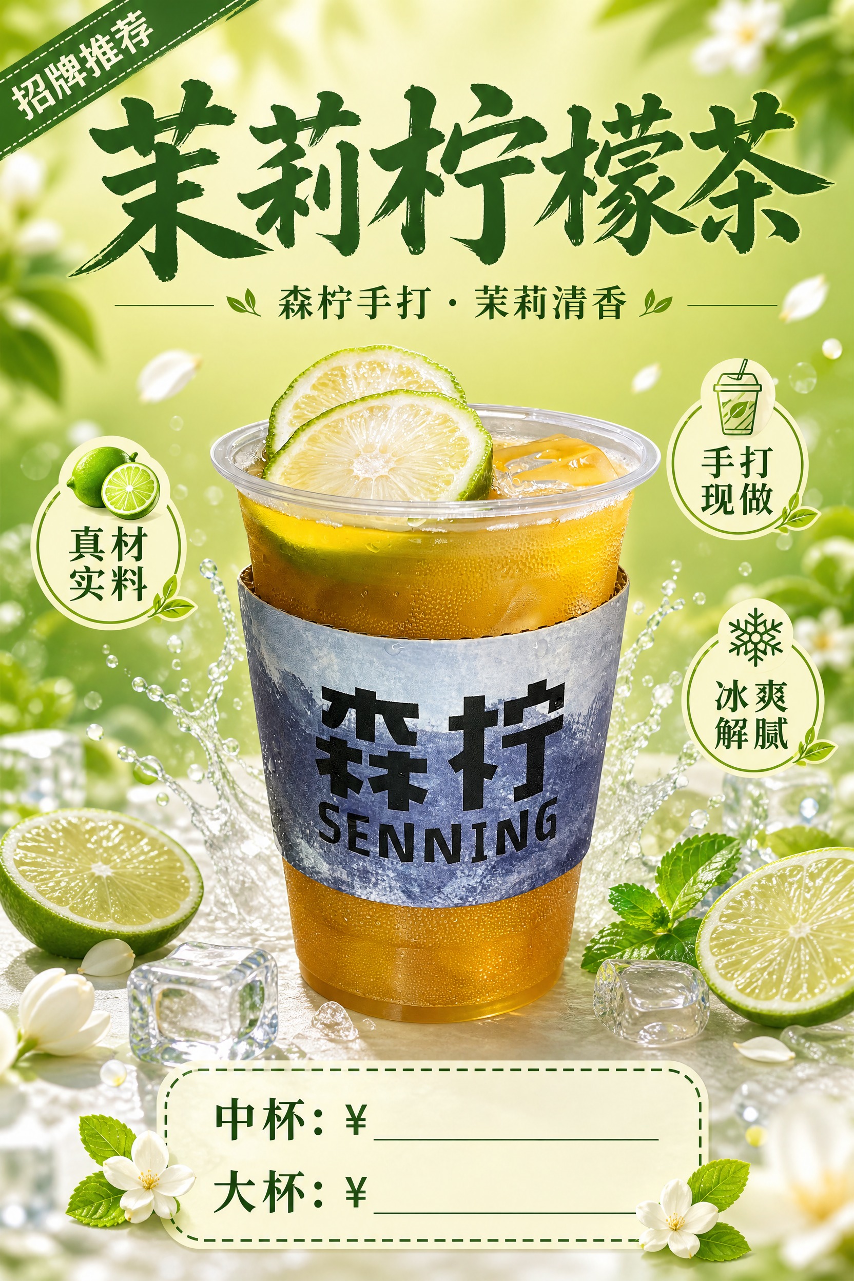 制作一张A4竖版（2:3比例）的茉莉柠檬茶产品海报，整体风格与… - 图片创意预览