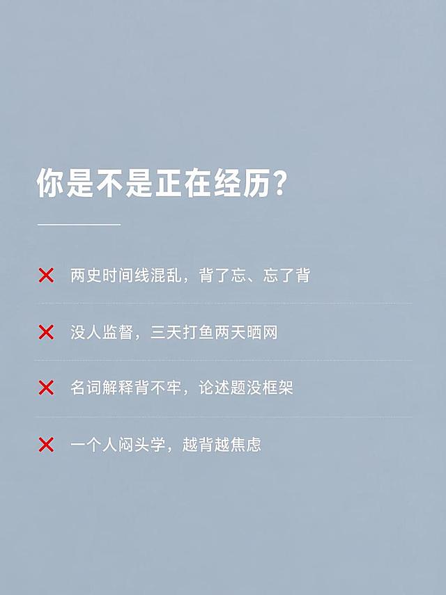 将第一张图（痛点页）的背景色换成第二张图（每日带背闭环图）完全一样的浅灰蓝色底色，保持完全一致。同时将标题和正文的字号都调整成和第二张图一样适中的大小，不要太大。保留红色叉号❌和四条痛点内容，去掉四角的装饰文字和小元素（KAOYAN、上岸努力自律坚持、KEEP STUDYING、考研上岸未来可期、山形图案等全部去掉）。整体版式风格、字号大小、间距都向第二张图看齐，保持统一。标题："你是不是正在经历？"，四条内容带红色叉号。极简清冷上岸风