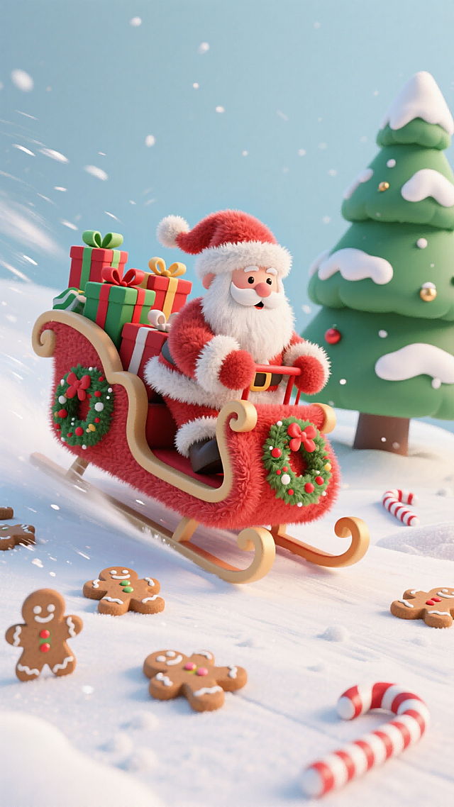 圣诞老人乘坐红色雪橇，强动态感。雪橇装饰圣诞花环，满载圣诞礼物。地面散落姜饼人、拐杖糖，左侧有绿色雪顶圣诞树。