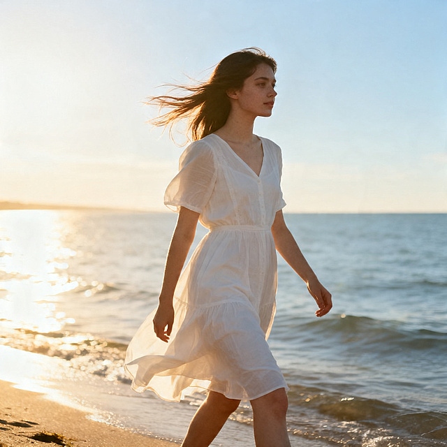 年轻女性身穿白色连衣裙，漫步在阳光明媚的海边，人像摄影风格