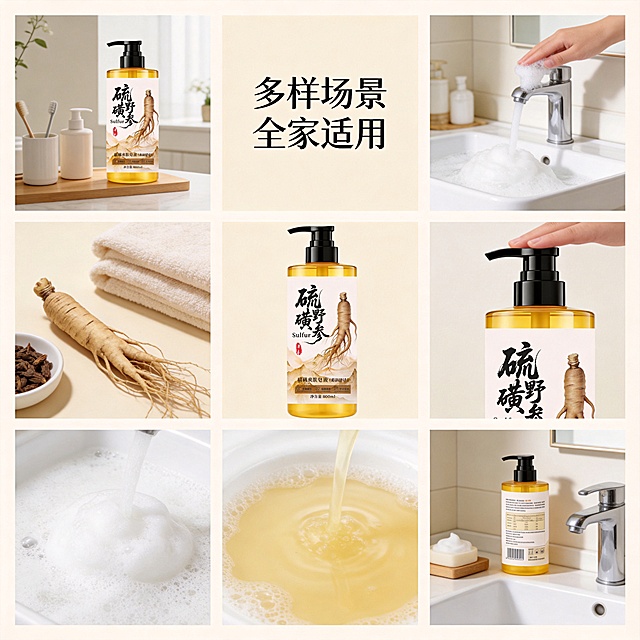 [主图-4] 硫磺野参皂液多场景九宫格拼图展示，和常规单场景模版完全不同
[氛围风格] 实用多场景展示，清新直观，符合抖音拼多多平台风格
[画质] 商业摄影质感，光线柔和通透，产品清晰真实，画面干净高级
[元素] 整个画面用等大九宫格布局，中心格放置完整硫磺野参皂液产品，保持外观颜色文字和原图一致；周围八格分别展示不同使用场景细节：浴室摆放、挤出泡沫、搭配毛巾、人参原料、泵头按压、皂液质地、洗手台摆放、成分标签，每个格子内容不重复，整体丰富不杂乱，背景浅米色统一，和传统单场景模版区别明显。
[光影] 每个格子光线均匀一致，整体明暗统一，产品清晰，场景细节可见
[配色] 浅米色统一背景，每个场景保持自然真实色彩，整体和谐不刺眼
[视角构图] 九宫格网格构图，中心突出产品，周围展示不同场景，版式新颖，完全区别于传统模版
[文字版式] 九宫格上方居中主标题多样场景 全家适用，黑色字体，不遮挡九宫格内容，清晰直观
[比例分辨率] 1:1 比例，4k 分辨率，文字清晰可辨，超高清
[负向提示词] 变形，水印，文字错乱，产品图模糊，背景杂乱，绝对化违禁词，违规宣传，医疗功效