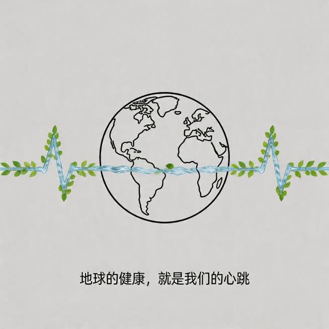 环保与可持续发展主题创意图像，将地球轮廓和跳动的心电图波形结合，心电图线条由绿色树叶和蓝色水流组成，传递“地球的健康，就是我们的心跳”理念。画面简洁干净，具有视觉冲击力，简约设计风格，主色调为清新绿色预览效果