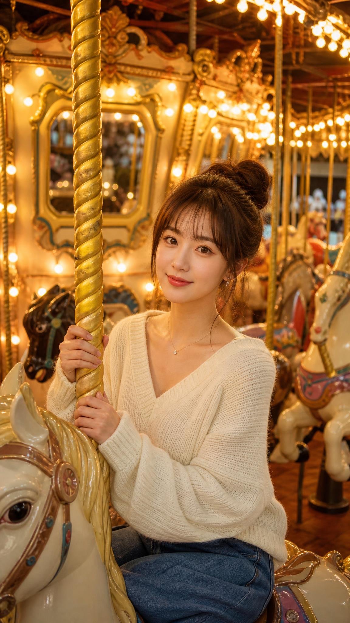 真人写真，高清人像，年轻东亚女生，棕色丸子头，空气刘海，甜美温… - 图片创意预览