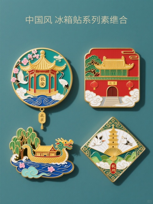 一组4个不同造型的中国风冰箱贴系列素材集合，规整排布于纯色背景上，保持原图精致华丽的新中式风格，采用高饱和度的珐琅釉彩工艺，金色金属包边勾勒轮廓，细腻的浮雕纹理，柔和的侧光照射形成清晰阴影，呈现出立体感与光泽感。第一个冰箱贴为圆形，主体是金色飞檐的古亭，周围环绕粉白梅花枝与展翅仙鹤，底部有蓝色海浪与祥云纹饰，悬挂刻有“长安”字样的金色吊坠；第二个冰箱贴为方形，中央是红色宫墙与金色琉璃瓦的角楼，……预览效果