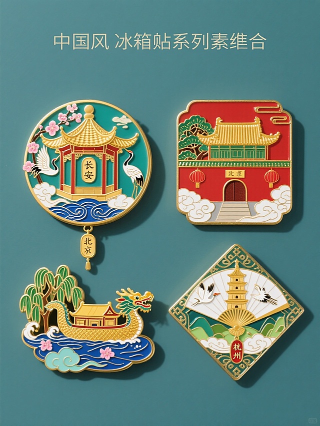 一组4个不同造型的中国风冰箱贴系列素材集合，规整排布于纯色背景上，保持原图精致华丽的新中式风格，采用高饱和度的珐琅釉彩工艺，金色金属包边勾勒轮廓，细腻的浮雕纹理，柔和的侧光照射形成清晰阴影，呈现出立体感与光泽感。第一个冰箱贴为圆形，主体是金色飞檐的古亭，周围环绕粉白梅花枝与展翅仙鹤，底部有蓝色海浪与祥云纹饰，悬挂刻有“长安”字样的金色吊坠；第二个冰箱贴为方形，中央是红色宫墙与金色琉璃瓦的角楼，搭配绿色松柏与红色灯笼，底部饰以如意纹，吊坠刻“北京”二字；第三个冰箱贴为扇形，描绘金色龙舟在蓝色水波中航行，岸边有绿色柳树与粉色桃花，吊坠刻“苏州”字样；第四个冰箱贴为菱形，主体是金色宝塔立于青山之上，周围有白色云海与飞翔的白鹭，底部饰以回纹，吊坠刻“杭州”二字。所有冰箱贴均保持相同的工艺质感、色彩搭配和光影效果，整体构图平衡，元素丰富且层次分明，展现出浓厚的中国传统文化韵味。