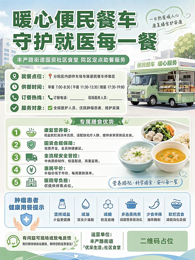 两款可直接打印的KT板完整文案
### 版本1：病区走廊/护士站【温馨告知海报（90×120cm）】
# 暖心便民餐车 守护就医每一餐
丰产路街道国资社区食堂 院区定点助餐服务
### 📍 就餐点位
分院区内部停车场专属便民餐车停靠区
### ⏰ 供餐时间
早餐 7:00-8:30 | 午餐 11:30-13:30 | 晚餐 17:30-19:00
### 📞 订餐咨询热线
订餐电话：__________
现场服务人员：__________
### ✅ 服务对象
全院医护人员、住院肿瘤患者、陪护家属
### 🍲 专属膳食优势（专为肿瘤患者定制）
1. **康复营养餐**：低盐、软烂、清淡、半流质软食，适配放化疗肠胃虚弱人群；同步提供大众家常菜、粥品、主食，全家适配
2. **国资合规保障**：河南颐城科技生活服务公司运营，食品经营资质齐全，全员持有效健康证上岗
3. **全流程安全管控**：统一中央厨房制作、恒温密闭餐车配送，落实48小时食品留样、食材源头溯源，街道市监+医院后勤双重监管
4. **惠民平价定价**：社区民生补贴价，低于沿街餐饮，每周更新菜单并报备医院
5. **医院零负担**：无需院区改造、无运营成本，仅提供专属停靠点位
### 🥗 肿瘤患者健康用餐提示
坚持**减盐、减油、减糖**，多选蒸、炖、煮菜品；少食辛辣、油炸、腌制食物；软烂流食减轻消化负担，均衡蛋白蔬果助力恢复
### 💬 意见反馈
餐品口味、卫生、价格有任何问题，可现场告知工作人员，或致电热线，我们及时优化调整
运营单位：丰产路街道「优采生活」社区食堂

### 版本2：餐车旁/病房门口【菜品公示小KT板（60×80cm）】
# 院区便民餐车 · 每日平价菜单
## 【早餐专区】
粥品：胡辣汤6元｜八宝粥3元｜小米南瓜粥2元｜五谷豆浆2元｜红枣莲子粥2元
面点：茶叶蛋1.5元｜蒸玉米5元｜鲜肉包2元｜素菜包1.5元｜油条2元
## 【家常热菜（低盐清淡款）】
2元档：麻婆豆腐、酸辣豆芽
3元档：酸辣土豆丝
4元档：干锅花菜、麻酱面筋、油淋青菜、蒜香茼蒿
5元档：红烧茄子、许昌老豆腐
6元档：西红柿鸡蛋
8元档：虾仁蒸蛋、把子肉、肉饼鸡蛋汤、鸡汤
10元档：糖醋里脊、豆角炒肉、泡椒鸡杂、三杯鸡、排骨汤
12元档：水煮肉片、辣椒炒肉、梅菜扣肉、蒸酥肉、小笼蒸面
15元档：番茄牛腩、酸菜鱼
卤味：卤鸡爪4元
## 【主食】
米饭2元｜馒头0.5元
### 配套提示
⏰ 开餐时段：早7:00-8:30 / 午11:30-13:30 / 晚17:30-19:00
📍 取餐位置：院内停车场便民餐车
📞 提前订餐：__________
✨ 每周更新菜品，新增患者专属软食、半流食套餐

## 三、额外加分补充板块（按需添加）
1. **光盘行动标语**：按需取餐、杜绝浪费，小份菜品按需选购
2. **资质简要公示栏**（缩小缩略图）：营业执照、食品经营许可证、食安管理员证书缩略图，增强患者信任
3. **简短暖心标语（边角点缀）**
- 一日热餐暖人心，康复膳食护安康
- 社区便民进院区，解决就医就餐难
- 低盐营养营养餐，贴心守护肿瘤患者
4. **温馨提醒小字**：餐车仅售卖成品餐，院内无现场明火加工，食品安全全程可控

## 四、排版设计小建议（医院病区适配）
1. 主色调：浅绿、米白、浅蓝，柔和医疗风，不使用刺眼大红
2. 文字分层：标题超大加粗，时间/电话色块高亮，菜品分栏清晰，老人、行动不便患者远距离可读
3. 文字精简：少大段文字，多用图标+短句，病区患者阅读无压力
4. 分区留白：每个板块间隔充足，避免拥挤压抑