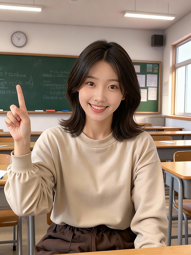 【核心画面】主要元素是女性真人博主，面对镜头伸出食指（人物景别角度参考图2），背景为模拟实景的教室场景。人物表情为活泼开心点的状态