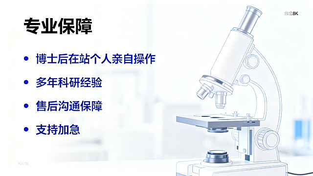 白色背景，科技蓝主色，极简排版，专业科研视觉风格，高清8K，无水印，标题：“专业保障”，分点排版：“博士后在站个人亲自操作”“多年科研经验”“售后沟通保障”“支持加急”，背景可淡淡虚化显微镜轮廓线条，整体高级克制