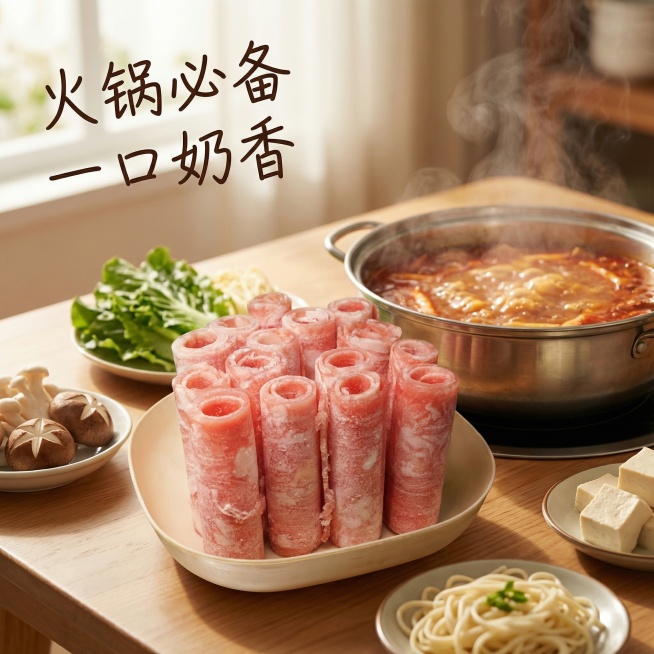 [主图 4] 优质羊肉风味卷食用场景展示，增强代入感
[氛围/风格] 温馨火锅场景，温暖室内自然光，充满食欲的生活氛围感
[画面元素] 保留原羊肉卷外观造型，摆放在火锅旁的餐具中，背景是热气氤氲的火锅预览效果