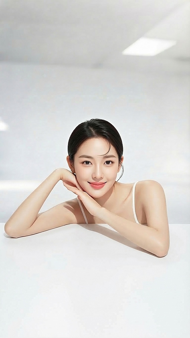 将原图中的水面去掉，替换成干净光滑的纯白色桌面，保持人物姿势不变，人物手臂自然撑在白色桌面上，光影和整体风格与原图保持一致，背景依然为浅灰色，整体干净简约