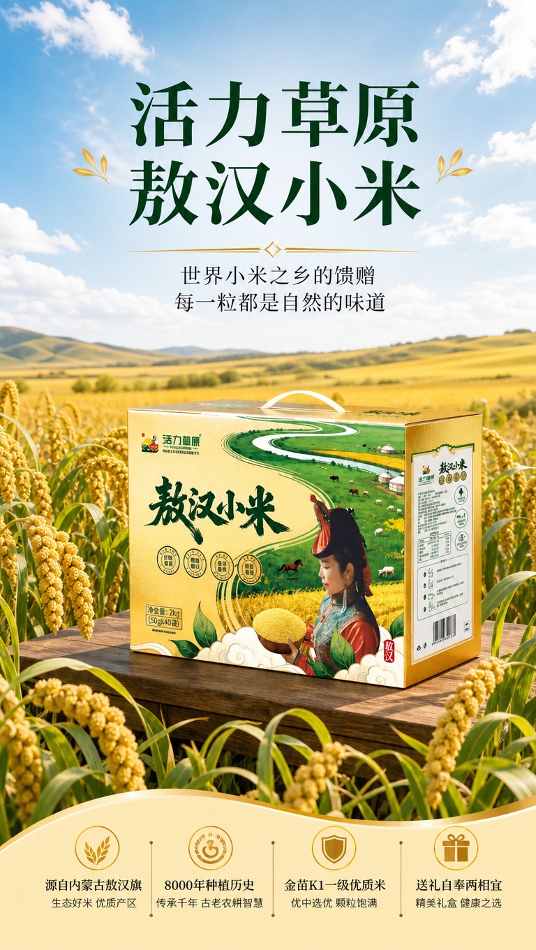 [商品] 使用【图1】敖汉小米礼盒图+【图2】小米田图；保留礼… - 图片创意预览