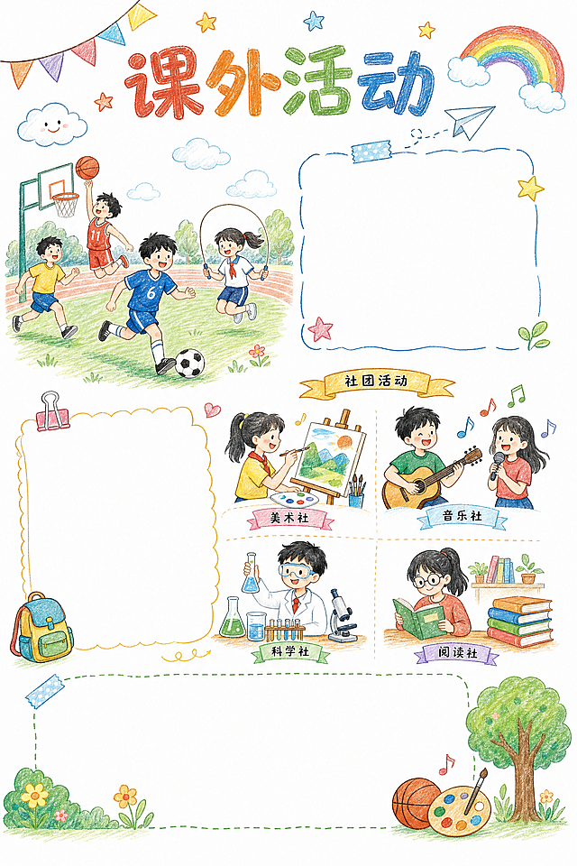 小学六年级毕业纪念册课外活动页，参考图片风格，白底手绘风，手绘社团活动或操场玩耍场景，尺寸A4 210*297mm