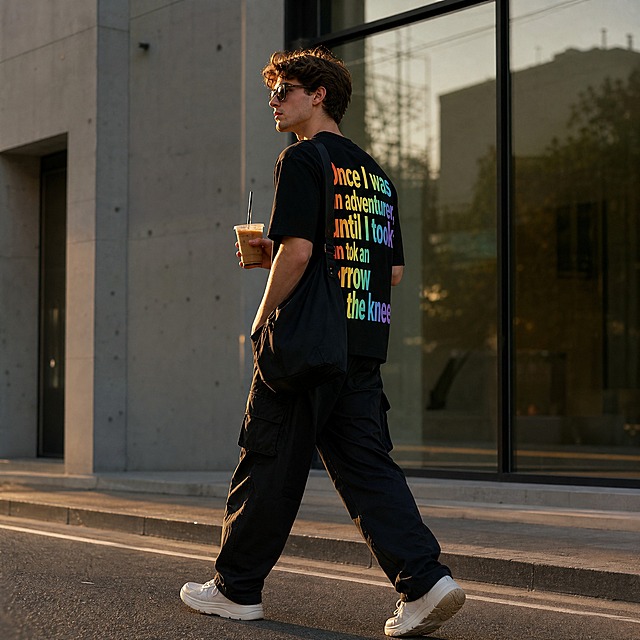 [主图-5] 多场景穿搭 lifestyle 展示，街头潮流风格，体现T恤百搭属性。
[统一基调] 城市街头极简背景，自然黄昏光线，高级生活方式摄影质感，松弛潮流氛围。
[画面] 同一位欧美年轻男性模特，侧身行走在极简城市街道上，背景是干净的灰色建筑外墙和大面积落地窗，模特穿着这件黑色彩虹标语T恤，搭配黑色工装裤和白色老爹鞋，肩上斜挎一个黑色帆布包，一只手拿着一杯冰咖啡，走路姿态自然松弛，T恤背面的彩虹印花在侧身角度下部分露出，画面整体呈现街头潮流穿搭感，体现T恤适合日常出街、约会、聚会等多种场合，背景虚化突出人物主体。
[光影质感] 黄昏 golden hour 暖光，柔和侧逆光勾勒人物轮廓，面部光线自然，服装质感真实。
[配色] 灰调城市背景，黑色T恤，暖金色光线，整体高级有氛围感。
[文字版式] 无额外添加文字，纯场景穿搭展示。
[输出要求] 1:1正方形比例，2048x2048像素，人物清晰自然，场景真实有氛围感，无变形，无水印，无杂乱元素。
