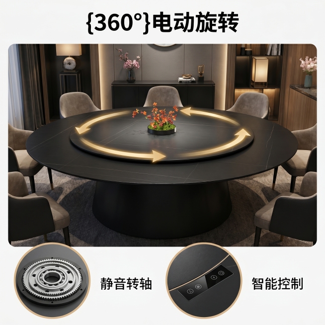 [主图-2] 展示电动转盘功能卖点。
[氛围风格] 高端大气温馨舒适商务风，轻奢高级感。
[画质] 商业摄影质感、光线柔和通透、产品清晰真实、画面干净高级。
[元素] 餐桌主体保留原产品黑色岩板大圆桌预览效果