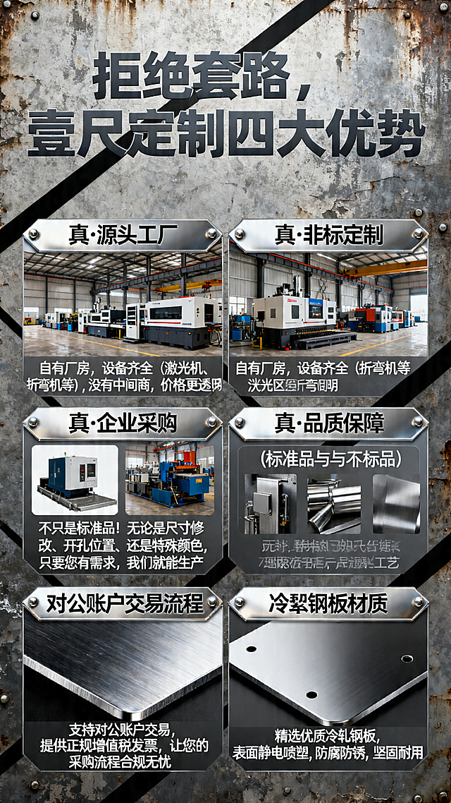 工业风格电商详情页板块，标题"拒绝套路，壹尺定制四大优势"，下方分四块介绍四大优势：1.真·源头工厂：自有厂房，设备齐全（激光机、折弯机等），没有中间商，价格更透明。2.真·非标定制：不只是标准品！无论是尺寸修改、开孔位置、还是特殊颜色，只要您有需求，我们就能生产。3.真·企业采购：支持对公账户交易，提供正规增值税发票，让您的采购流程合规无忧。4.真·品质保障：精选优质冷轧钢板，表面静电喷塑，防腐防锈，坚固耐用。硬朗工业风，金属质感设计