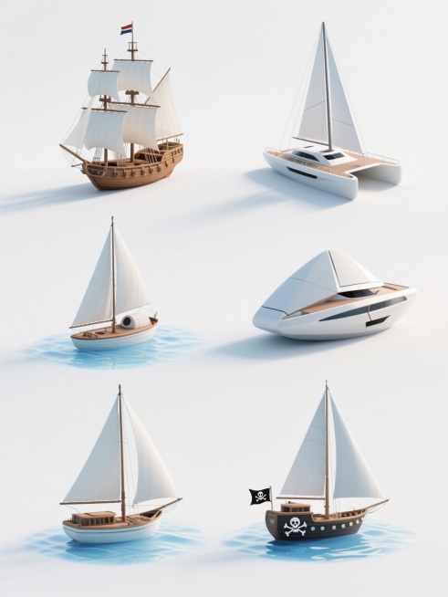 六个完全不同造型的3D立体风格帆船系列素材集合，每个帆船保持木质船体与白色帆布的材质特征，光影表现为柔和侧光下的轻微阴影与高光过渡，水面呈现半透明蓝色波纹质感，背景为纯色白色，帆船造型分别为：1. 古典三桅帆船带飘扬旗帜 2. 现代双体帆船带流线型甲板 3. 复古单桅小帆船配圆形船舱 4. 未来感概念帆船带几何形帆面 5. 海盗风格帆船带骷髅旗与船首像 6. 简约抽象帆船仅保留船体与主帆基本形……预览效果