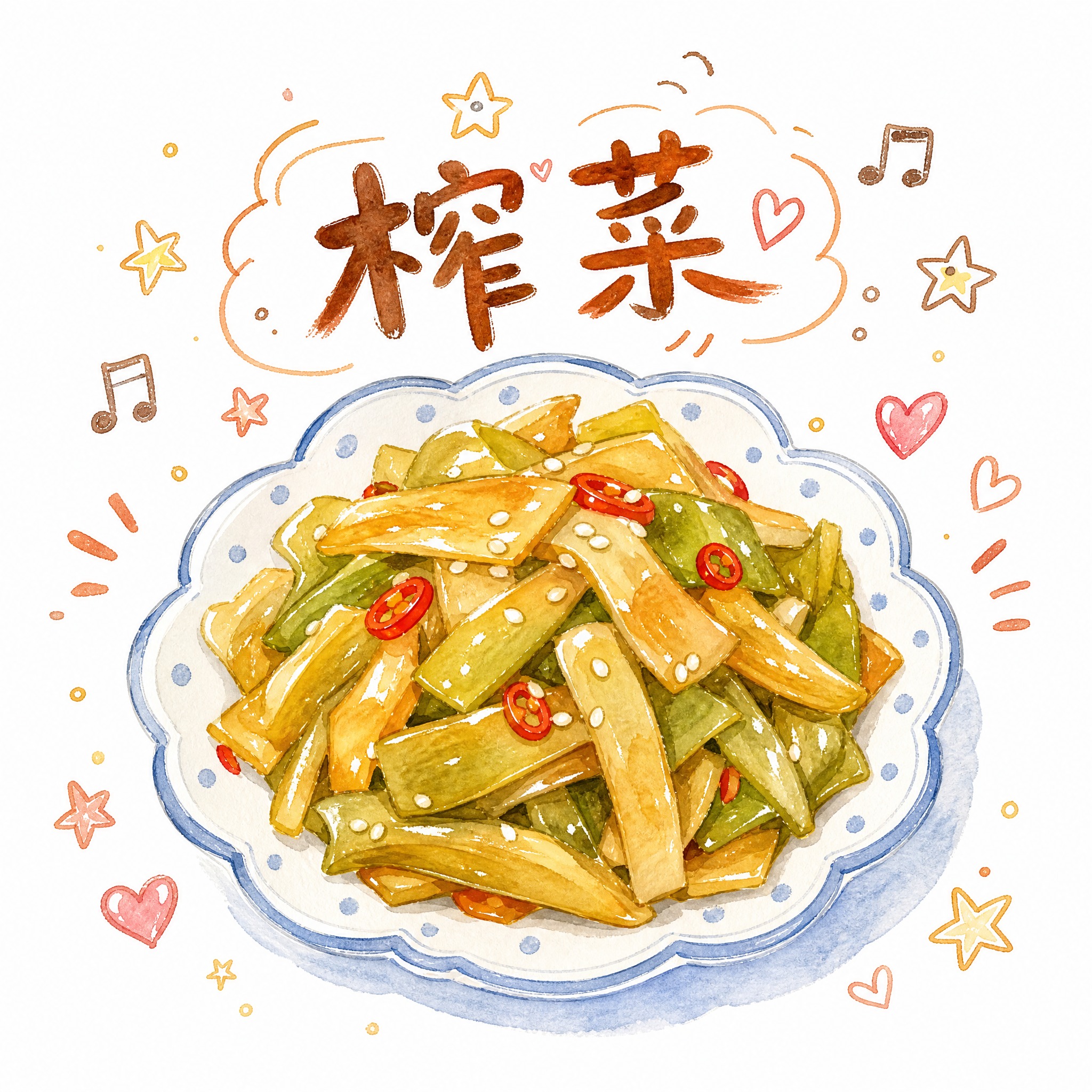 手绘水彩风格的榨菜菜品插画，参考图中的手绘水彩质感和可爱装饰元… - 图片创意预览
